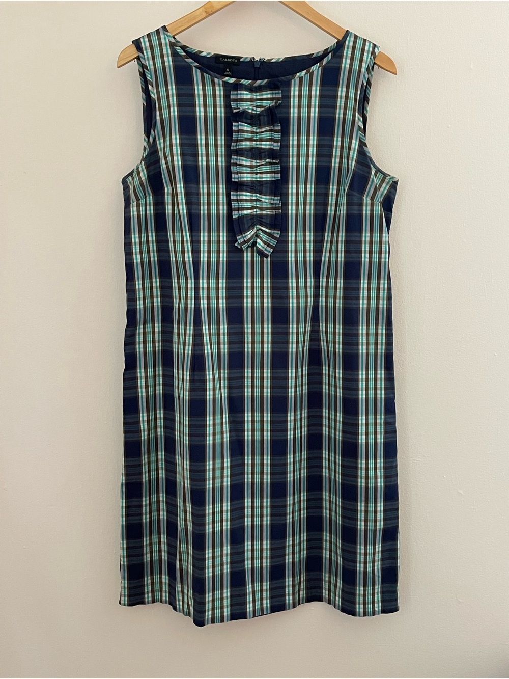 Talbots Plaid Sheath Dress Ruffle Front Navy Teal Size 12